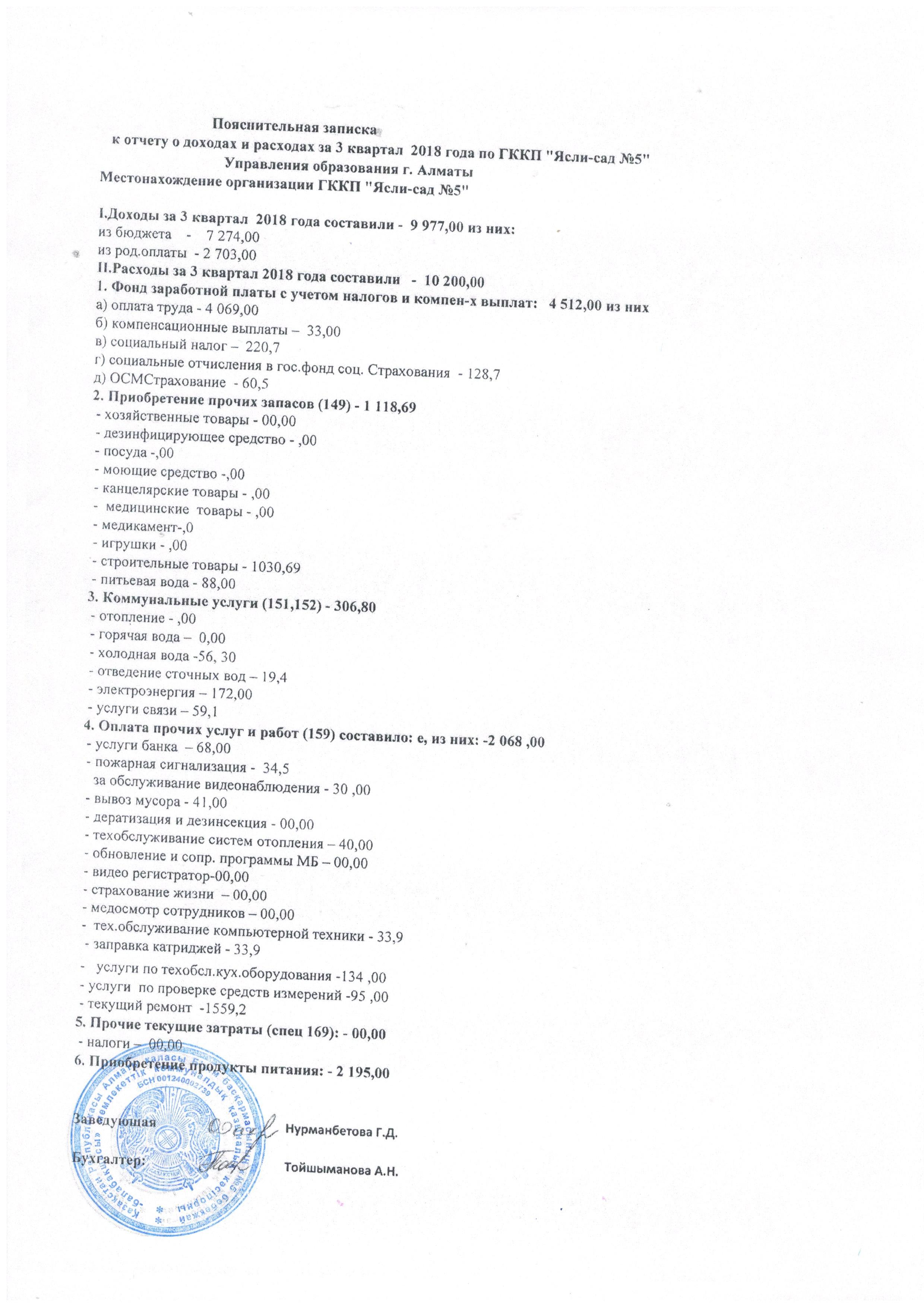 отчет о доходах и расходах за 3 квартал 2018год