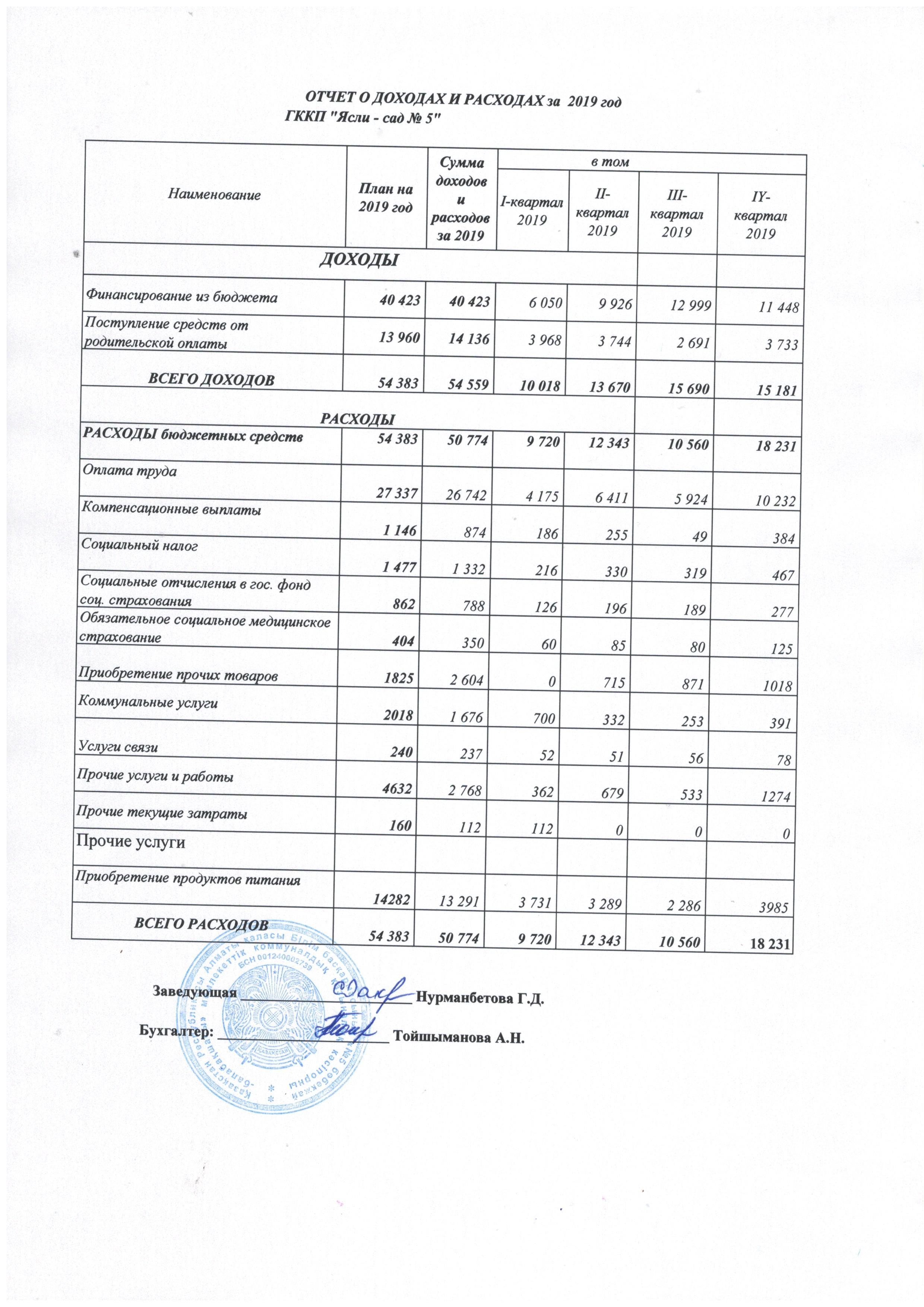 отчет о доходах и расходах за  2019 год